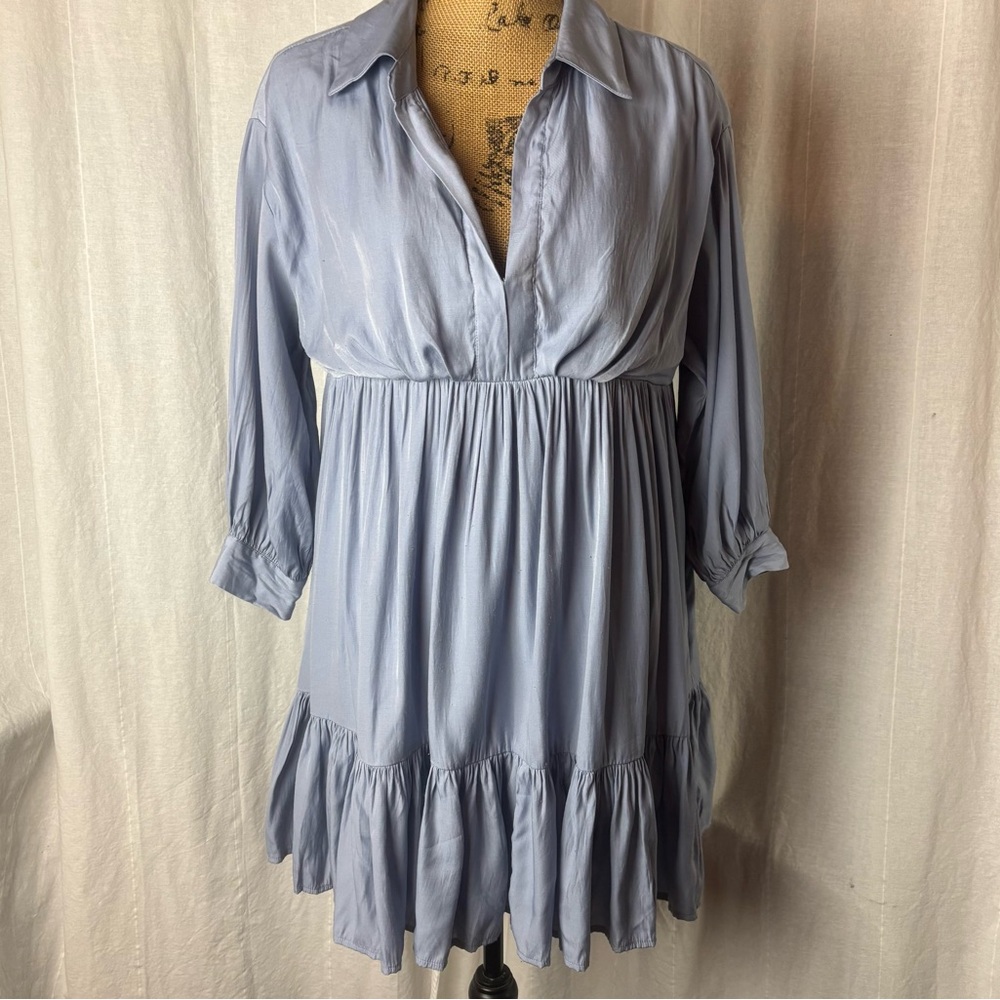 Mustard Seed Babydoll Dress Blue Blouson High Waisted Mini Flowy Sz M Pockets